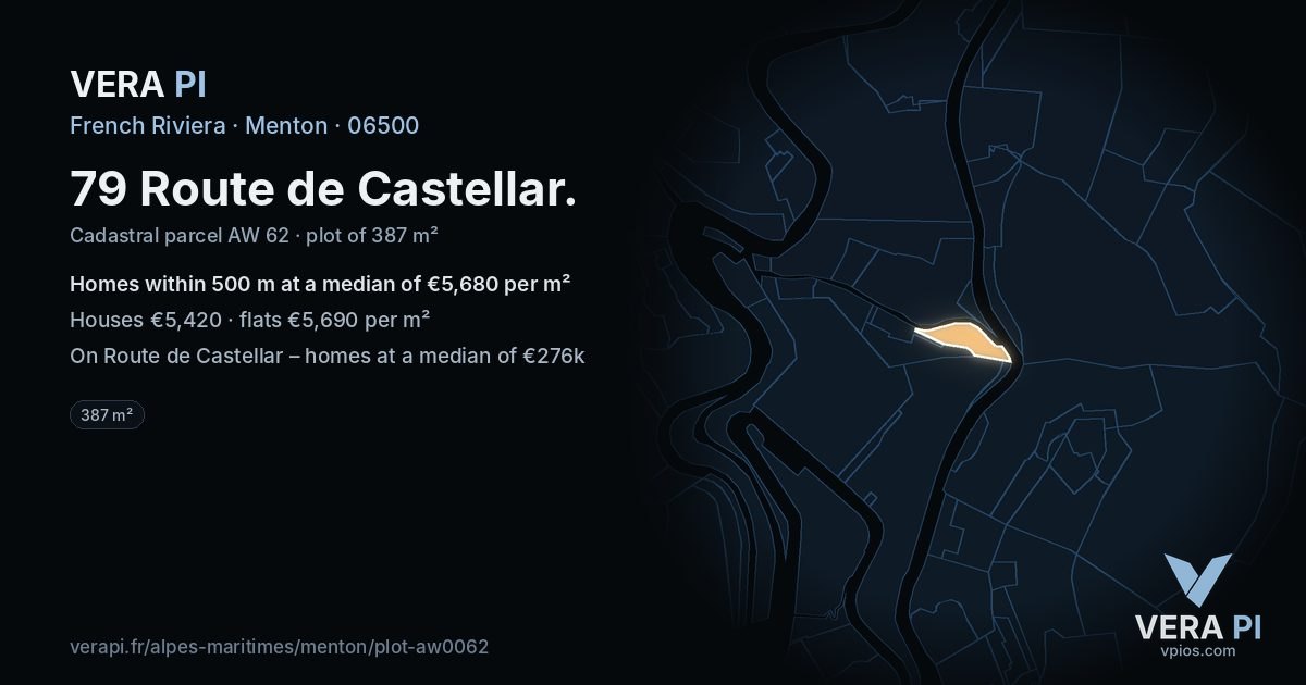 79 Route de Castellar, Menton at night – the plot lit, the parcels around coloured by the prices near them