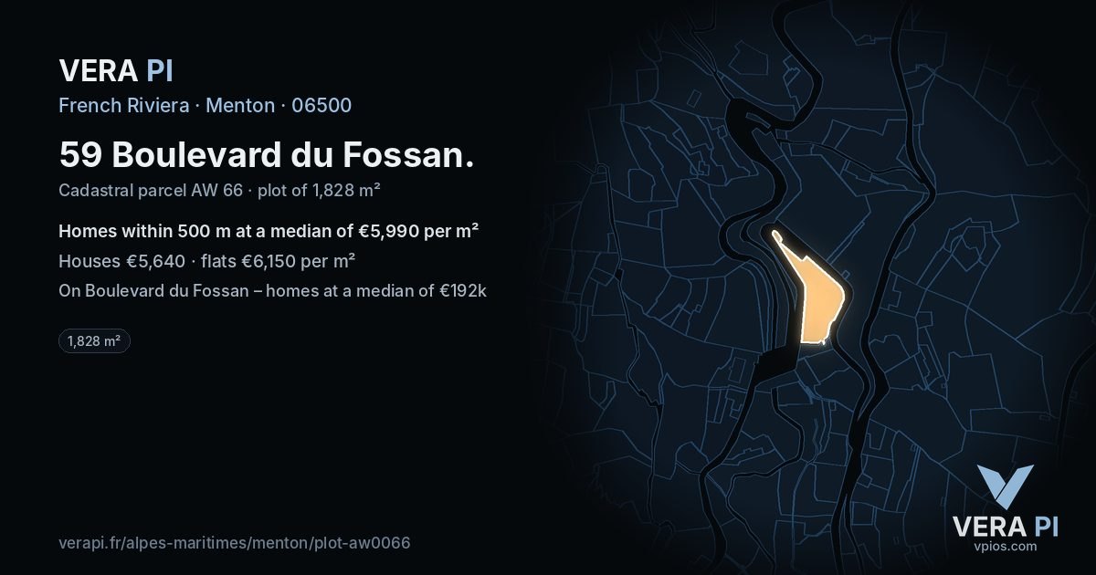 59 Boulevard du Fossan, Menton at night – the plot lit, the parcels around coloured by the prices near them
