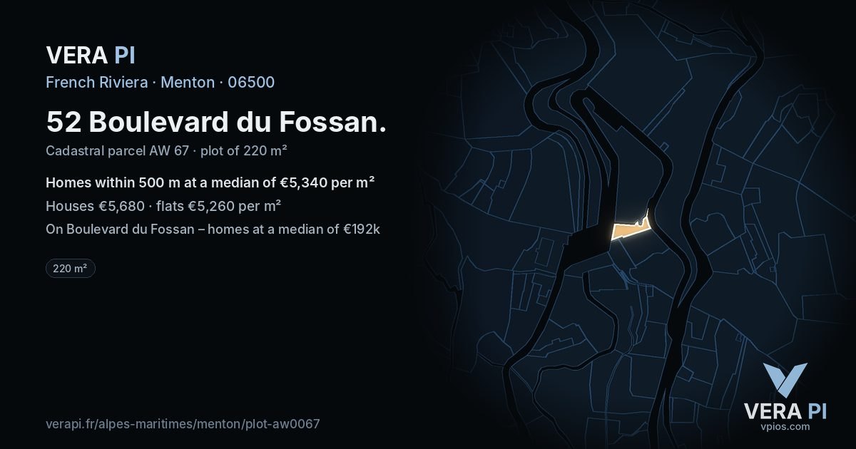 52 Boulevard du Fossan, Menton at night – the plot lit, the parcels around coloured by the prices near them