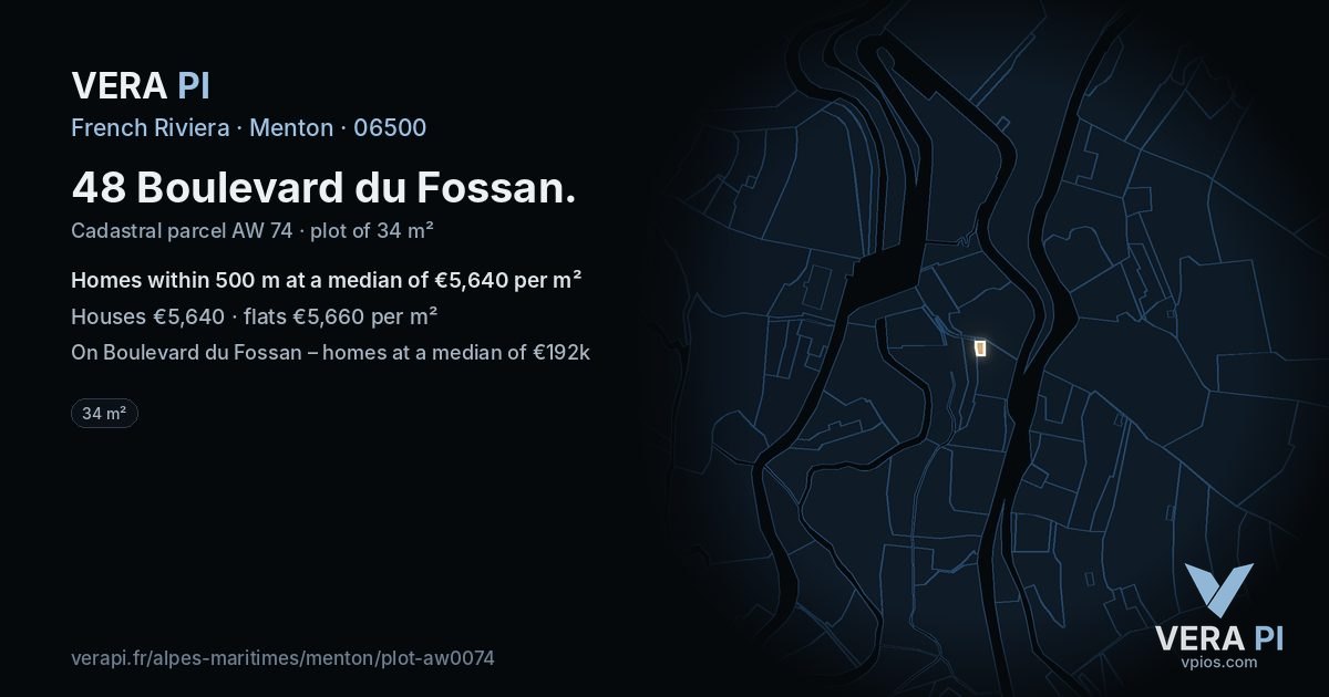 48 Boulevard du Fossan, Menton at night – the plot lit, the parcels around coloured by the prices near them