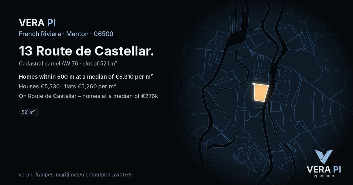 13 Route de Castellar, Menton at night – the plot lit, the parcels around coloured by the prices near them