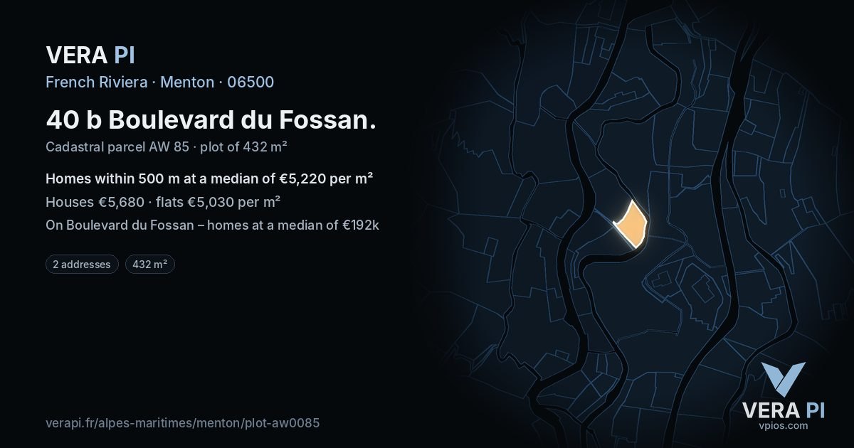 40 b Boulevard du Fossan, Menton at night – the plot lit, the parcels around coloured by the prices near them