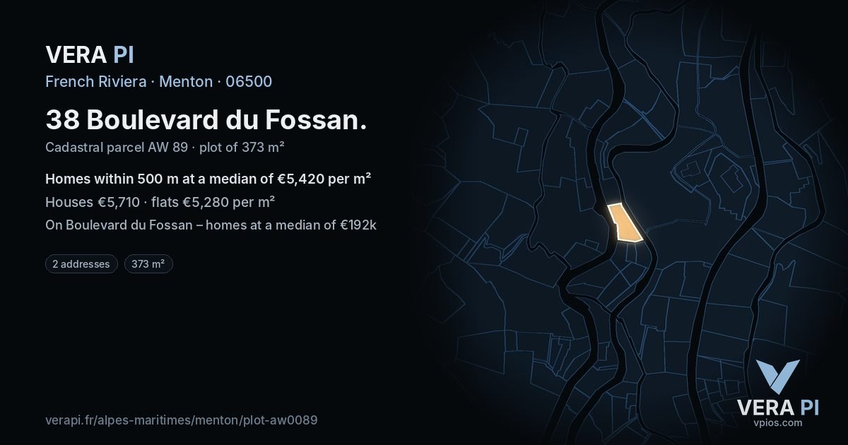38 Boulevard du Fossan, Menton at night – the plot lit, the parcels around coloured by the prices near them