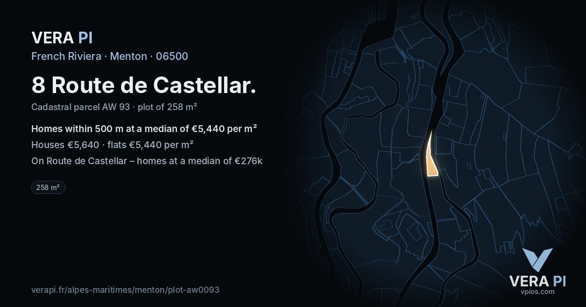 8 Route de Castellar, Menton at night – the plot lit, the parcels around coloured by the prices near them