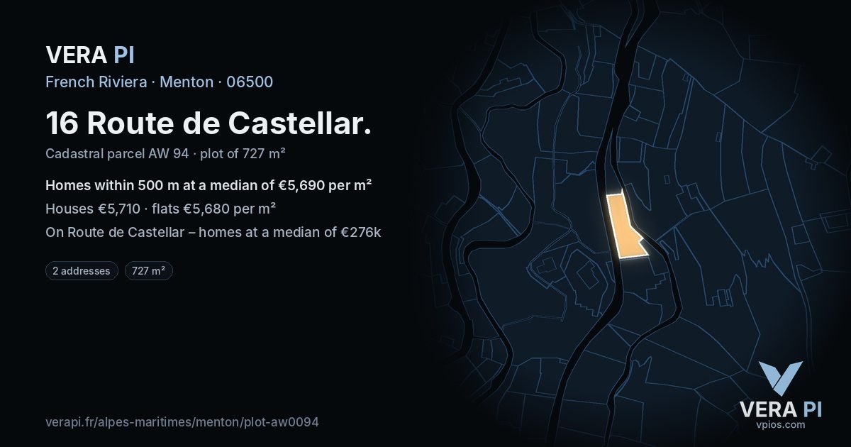 16 Route de Castellar, Menton at night – the plot lit, the parcels around coloured by the prices near them