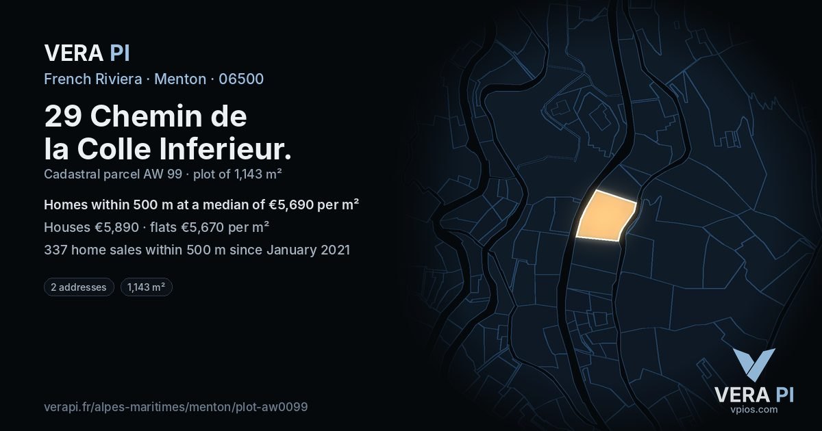 29 Chemin de la Colle Inferieur, Menton at night – the plot lit, the parcels around coloured by the prices near them