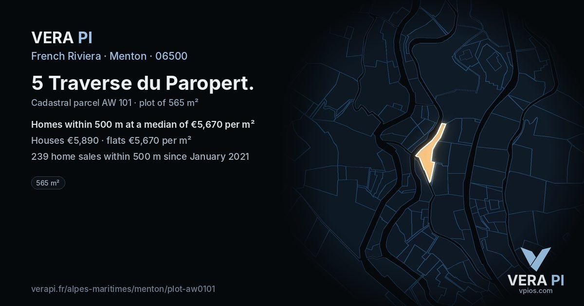 5 Traverse du Paropert, Menton at night – the plot lit, the parcels around coloured by the prices near them