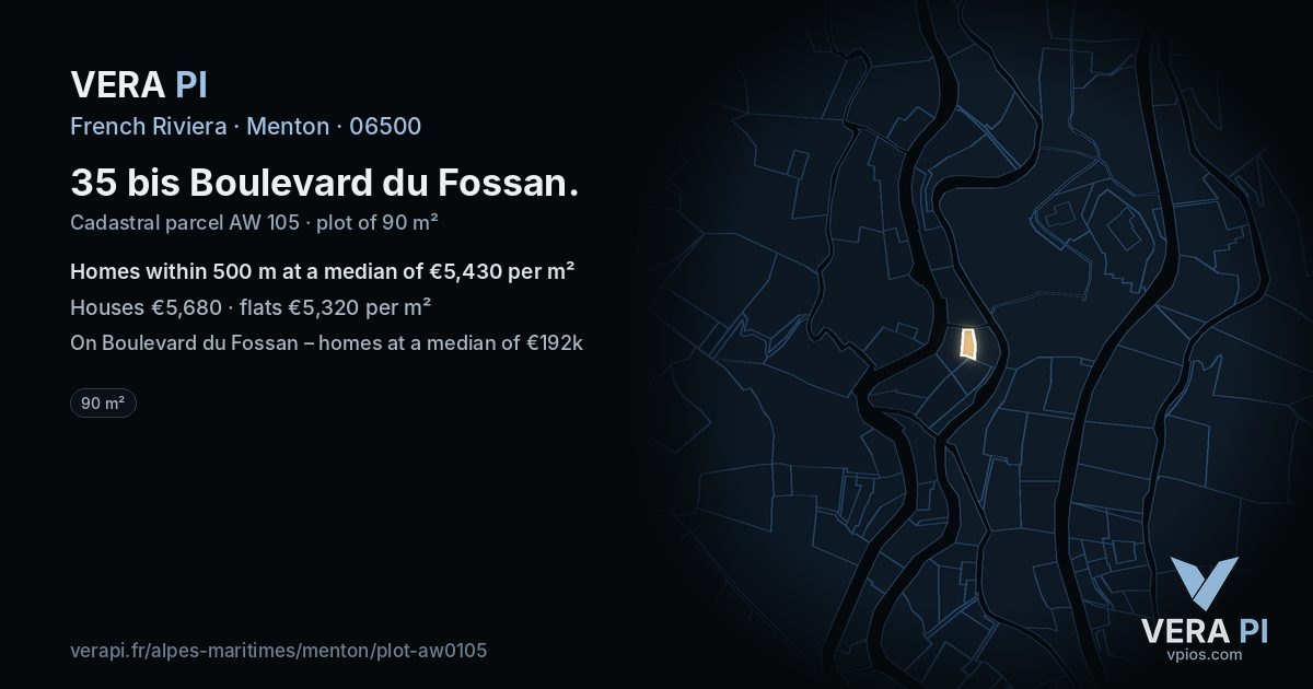 35 bis Boulevard du Fossan, Menton at night – the plot lit, the parcels around coloured by the prices near them