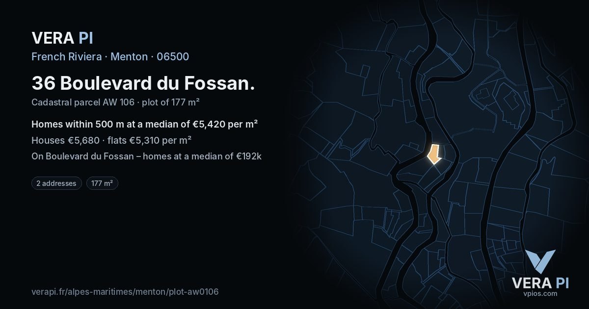 36 Boulevard du Fossan, Menton at night – the plot lit, the parcels around coloured by the prices near them