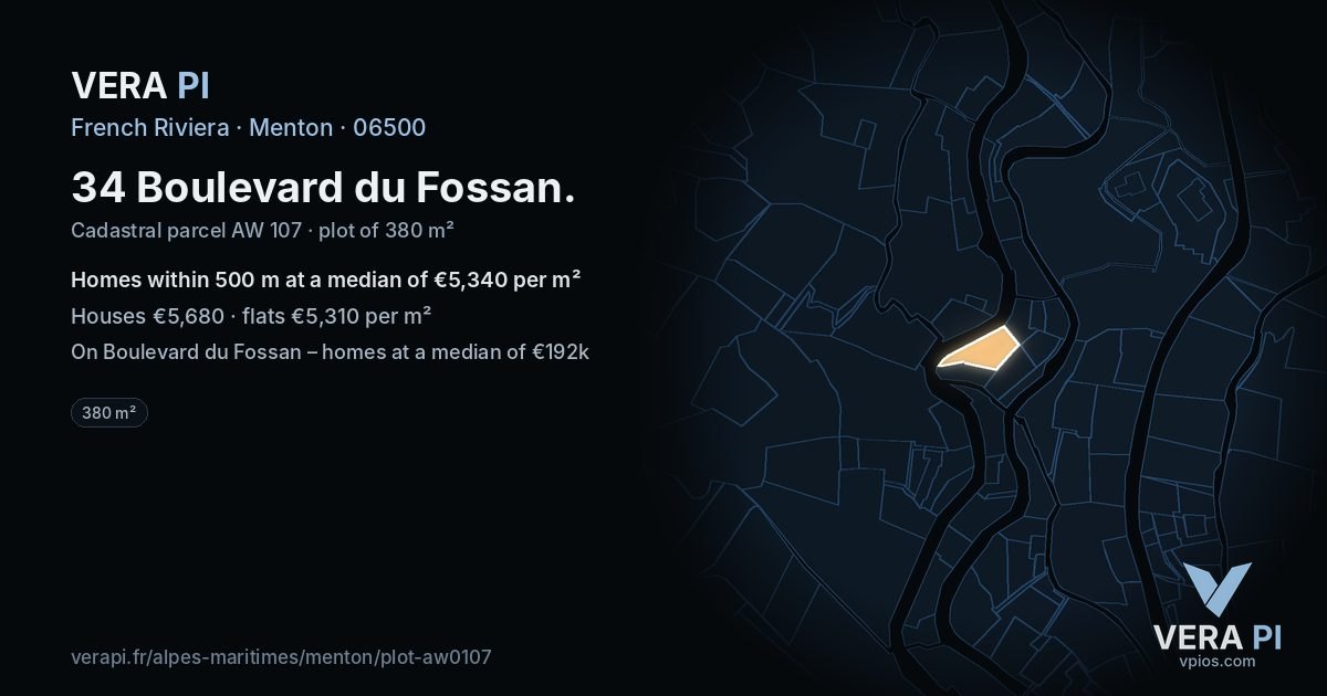 34 Boulevard du Fossan, Menton at night – the plot lit, the parcels around coloured by the prices near them
