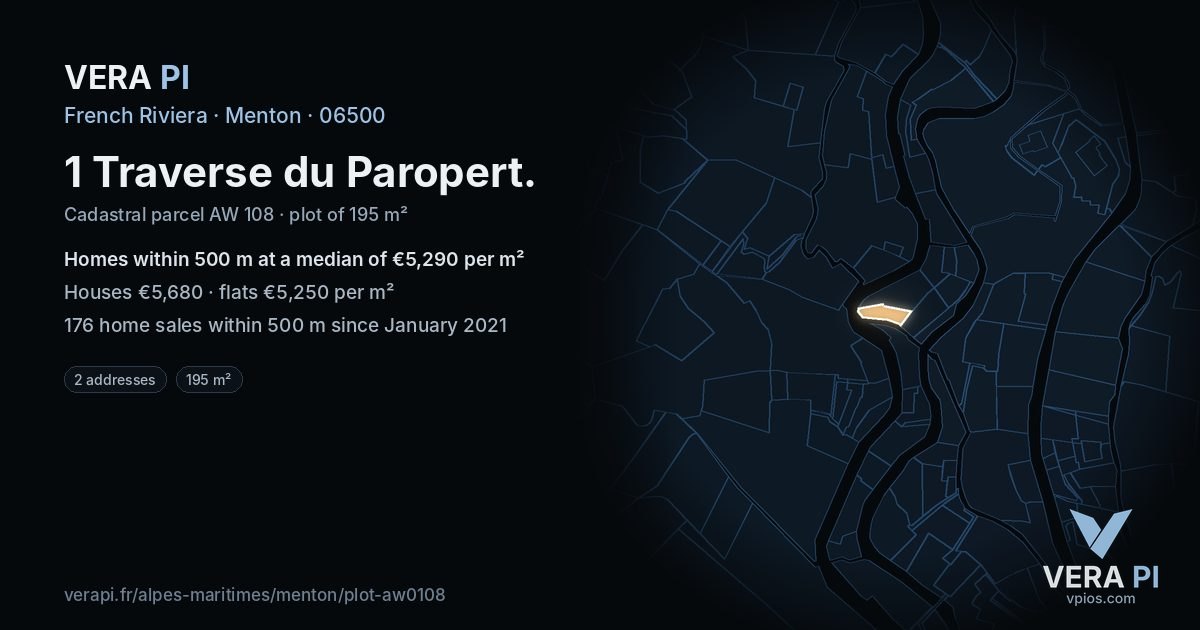 1 Traverse du Paropert, Menton at night – the plot lit, the parcels around coloured by the prices near them