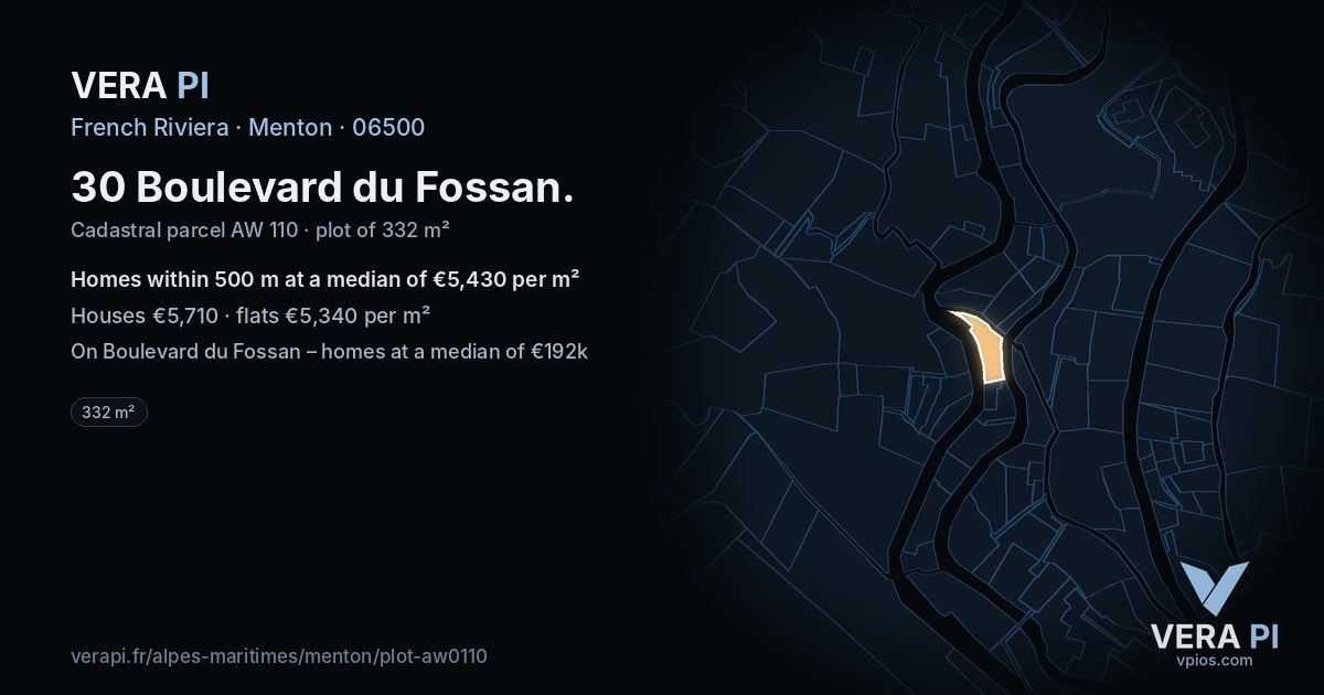 30 Boulevard du Fossan, Menton at night – the plot lit, the parcels around coloured by the prices near them