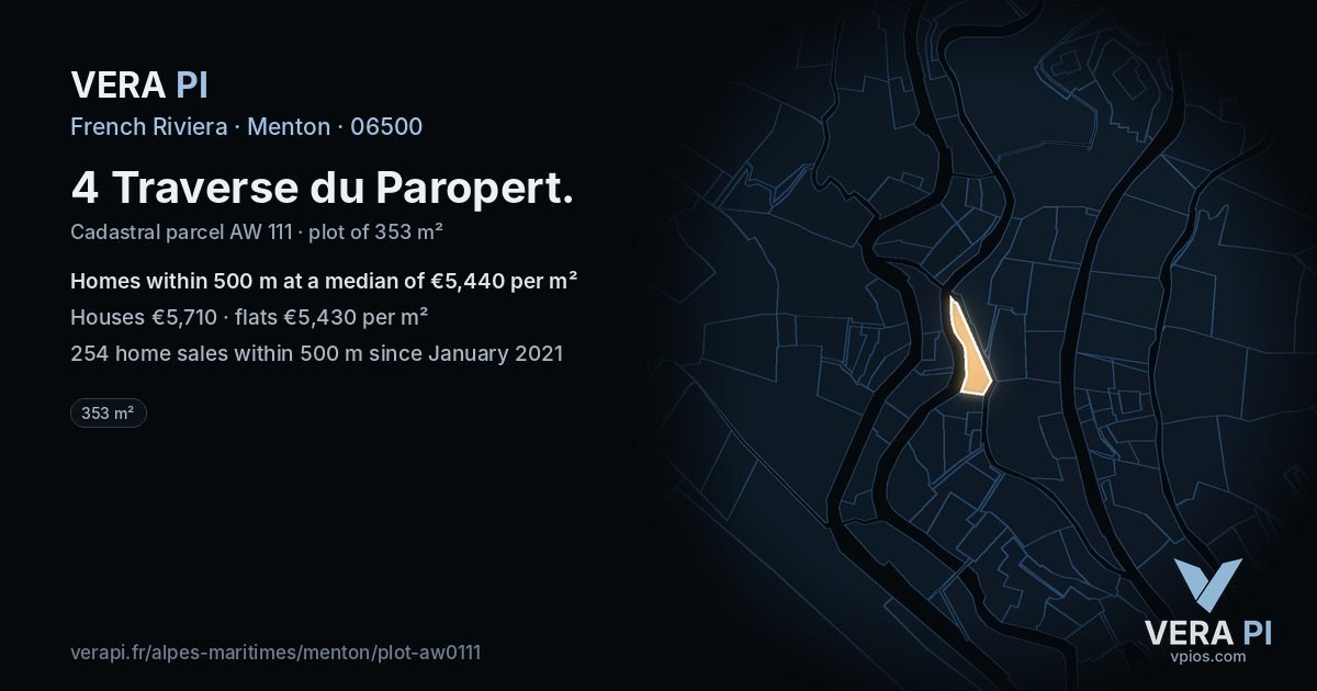 4 Traverse du Paropert, Menton at night – the plot lit, the parcels around coloured by the prices near them