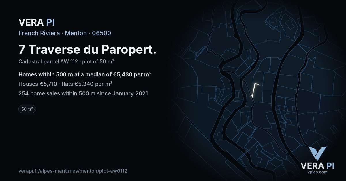 7 Traverse du Paropert, Menton at night – the plot lit, the parcels around coloured by the prices near them