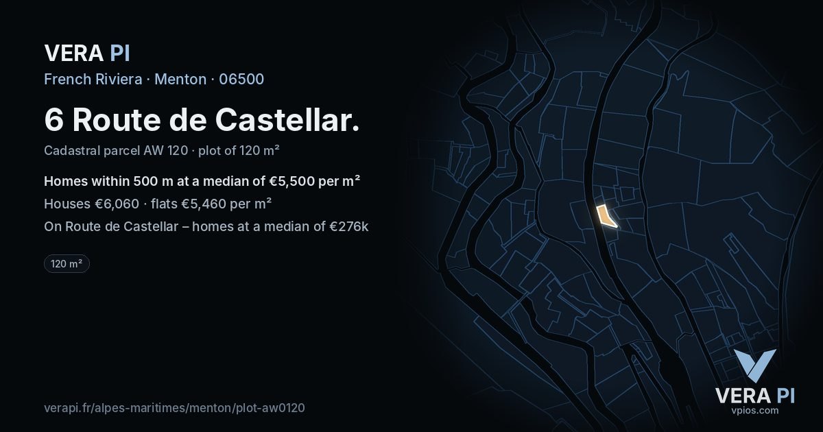 6 Route de Castellar, Menton at night – the plot lit, the parcels around coloured by the prices near them