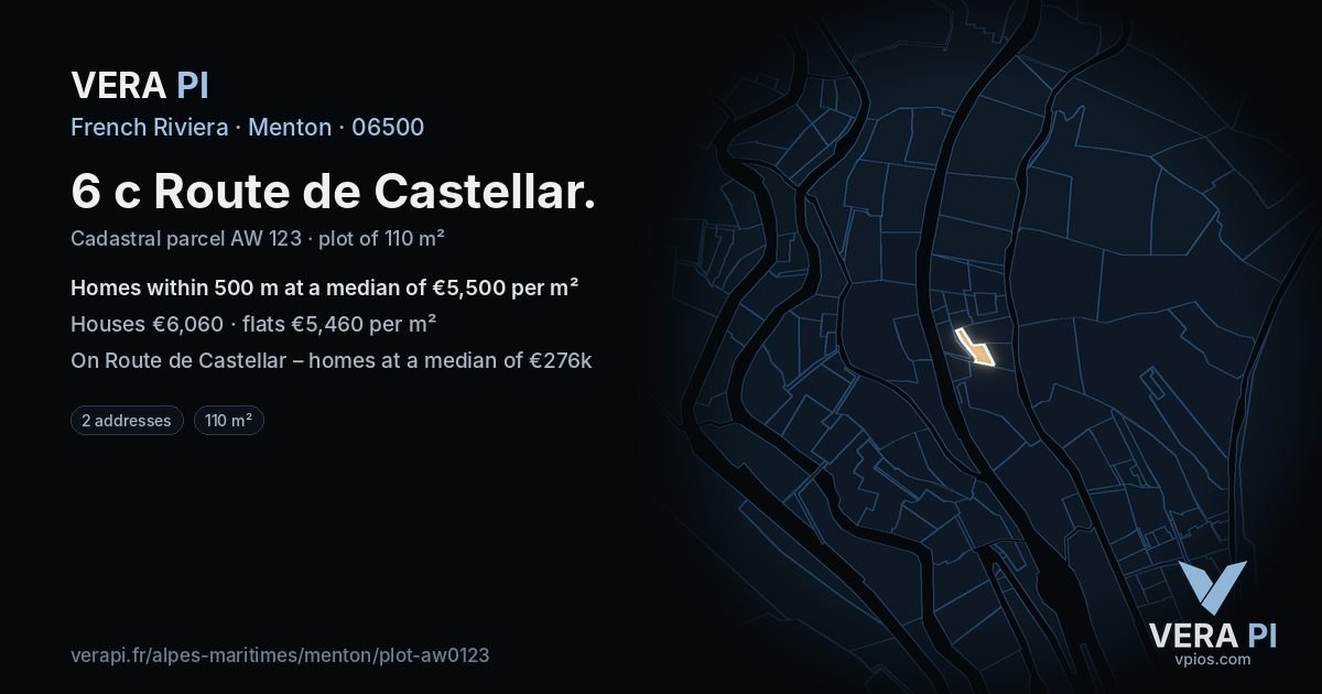 6 c Route de Castellar, Menton at night – the plot lit, the parcels around coloured by the prices near them