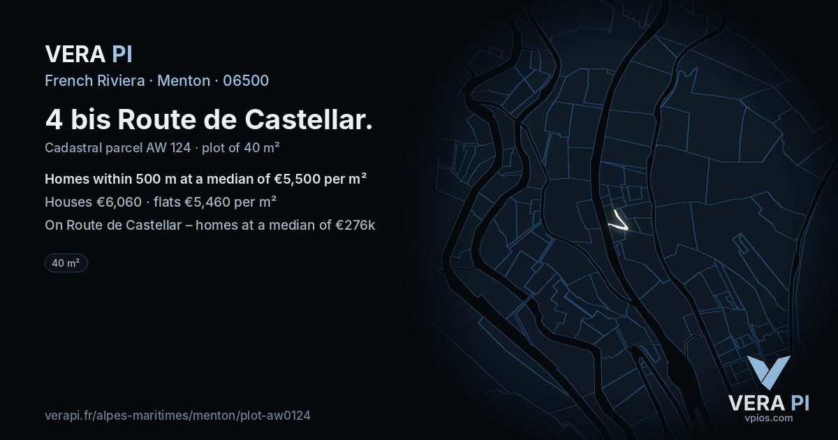 4 bis Route de Castellar, Menton at night – the plot lit, the parcels around coloured by the prices near them