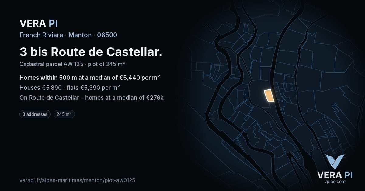 3 bis Route de Castellar, Menton at night – the plot lit, the parcels around coloured by the prices near them