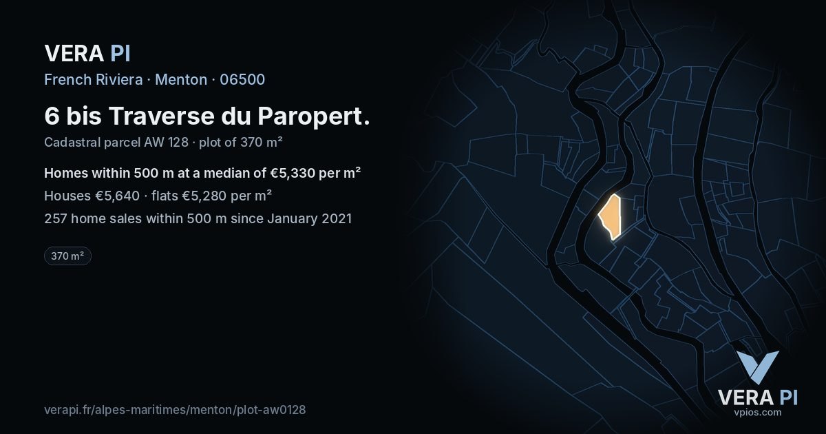 6 bis Traverse du Paropert, Menton at night – the plot lit, the parcels around coloured by the prices near them
