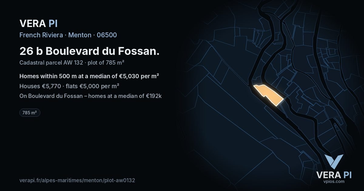 26 b Boulevard du Fossan, Menton at night – the plot lit, the parcels around coloured by the prices near them