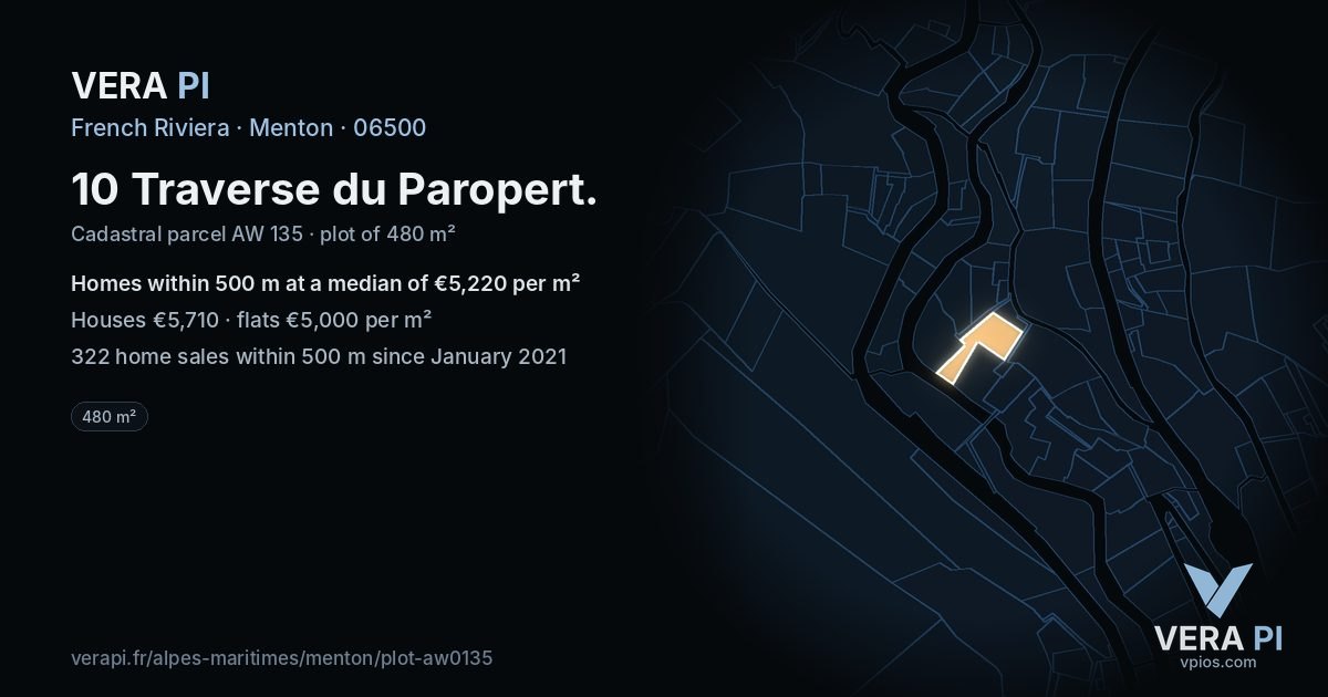 10 Traverse du Paropert, Menton at night – the plot lit, the parcels around coloured by the prices near them