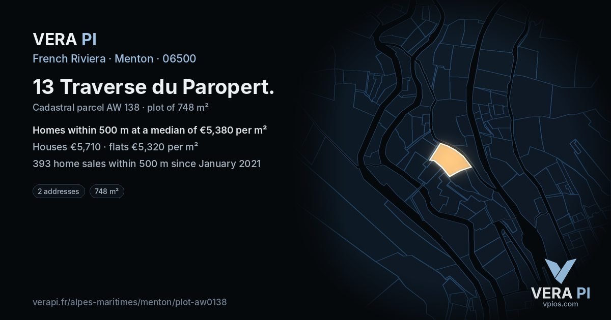 13 Traverse du Paropert, Menton at night – the plot lit, the parcels around coloured by the prices near them