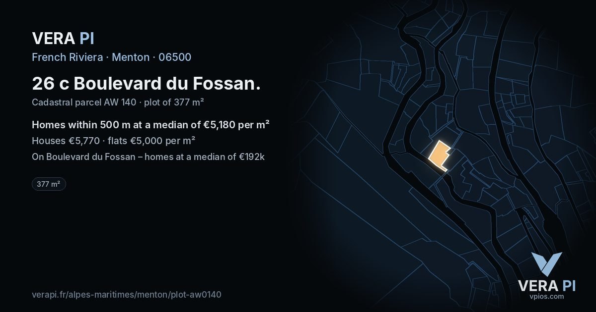 26 c Boulevard du Fossan, Menton at night – the plot lit, the parcels around coloured by the prices near them