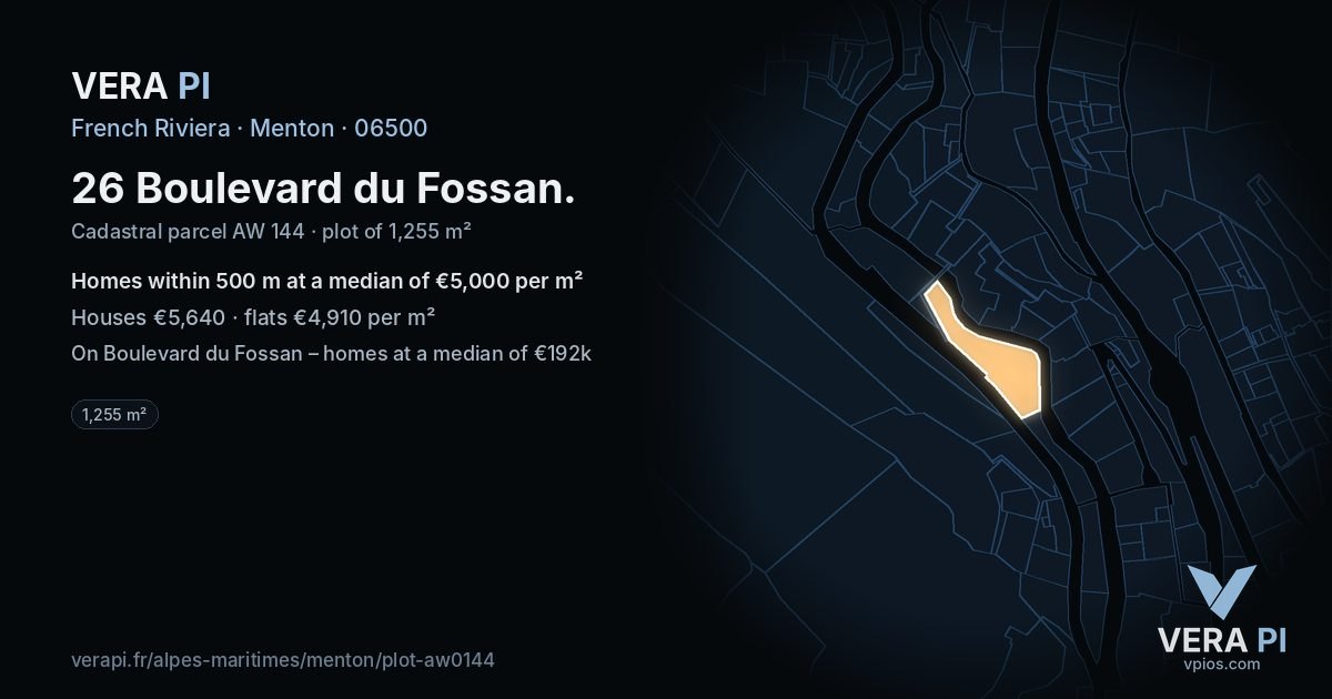 26 Boulevard du Fossan, Menton at night – the plot lit, the parcels around coloured by the prices near them