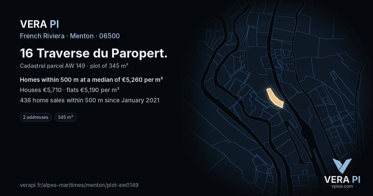 16 Traverse du Paropert, Menton at night – the plot lit, the parcels around coloured by the prices near them