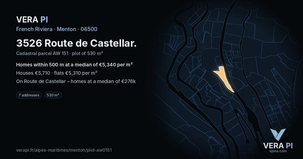 3526 Route de Castellar, Menton at night – the plot lit, the parcels around coloured by the prices near them