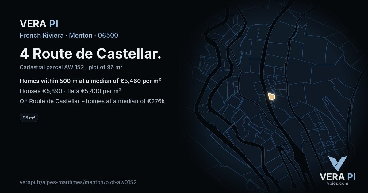4 Route de Castellar, Menton at night – the plot lit, the parcels around coloured by the prices near them