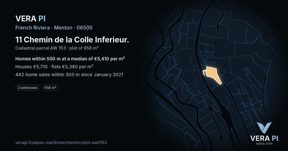 11 Chemin de la Colle Inferieur, Menton at night – the plot lit, the parcels around coloured by the prices near them