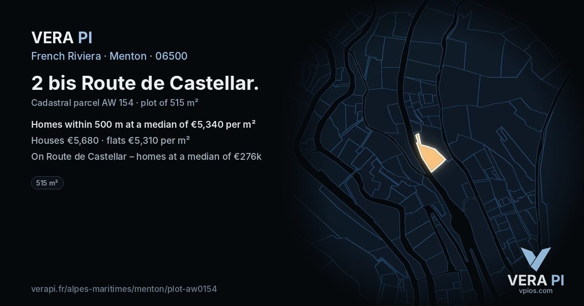 2 bis Route de Castellar, Menton at night – the plot lit, the parcels around coloured by the prices near them