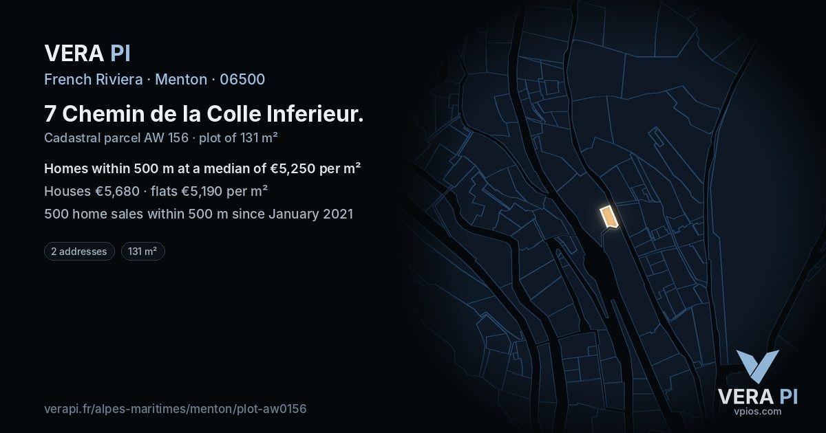 7 Chemin de la Colle Inferieur, Menton at night – the plot lit, the parcels around coloured by the prices near them