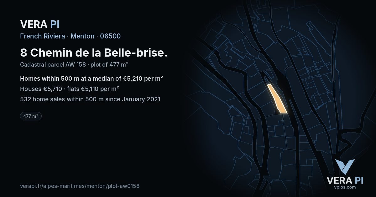 8 Chemin de la Belle-brise, Menton at night – the plot lit, the parcels around coloured by the prices near them