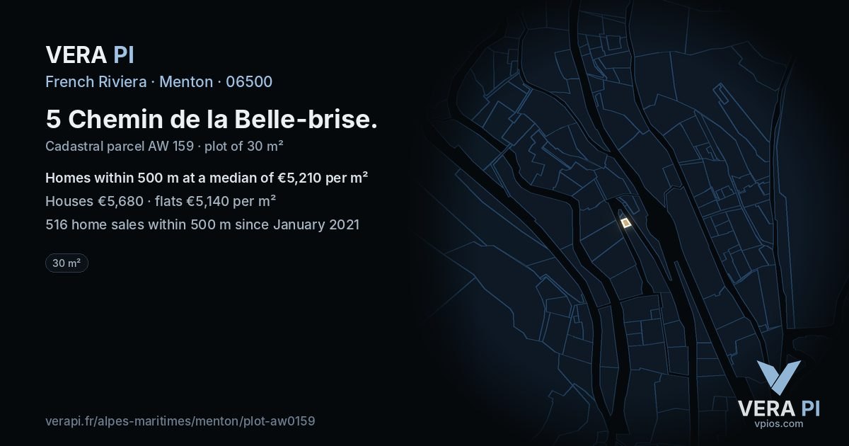 5 Chemin de la Belle-brise, Menton at night – the plot lit, the parcels around coloured by the prices near them