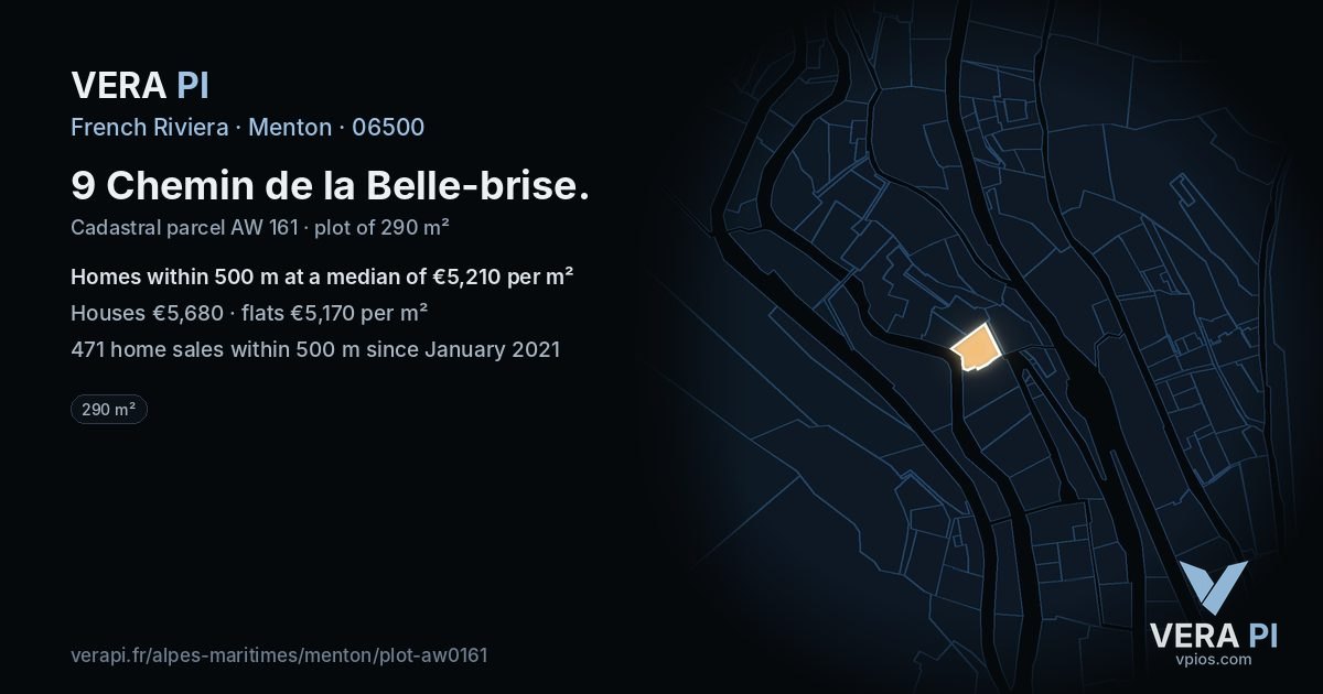 9 Chemin de la Belle-brise, Menton at night – the plot lit, the parcels around coloured by the prices near them