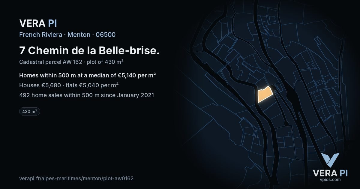 7 Chemin de la Belle-brise, Menton at night – the plot lit, the parcels around coloured by the prices near them