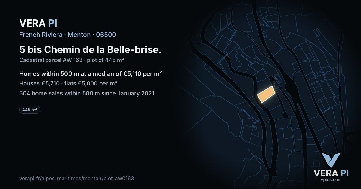 5 bis Chemin de la Belle-brise, Menton at night – the plot lit, the parcels around coloured by the prices near them