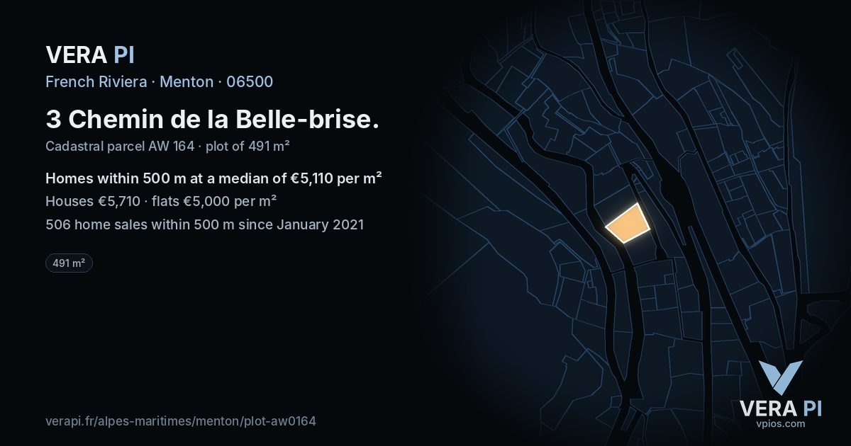 3 Chemin de la Belle-brise, Menton at night – the plot lit, the parcels around coloured by the prices near them