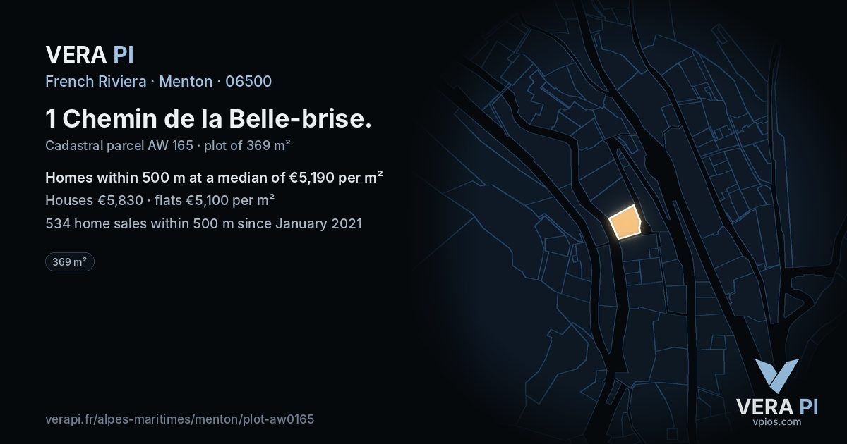 1 Chemin de la Belle-brise, Menton at night – the plot lit, the parcels around coloured by the prices near them