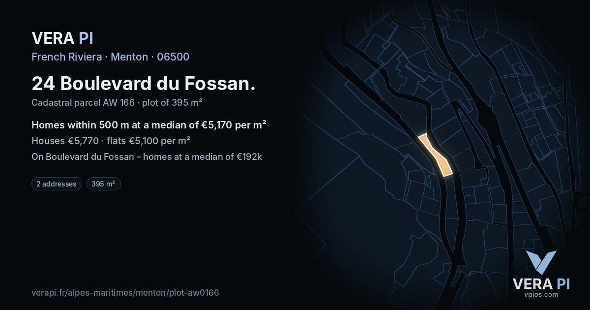 24 Boulevard du Fossan, Menton at night – the plot lit, the parcels around coloured by the prices near them