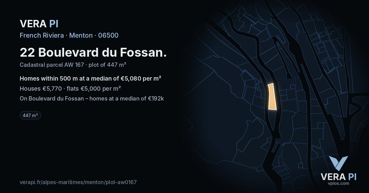 22 Boulevard du Fossan, Menton at night – the plot lit, the parcels around coloured by the prices near them