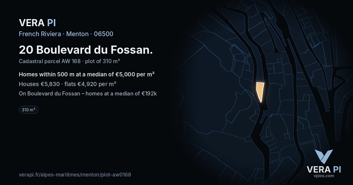 20 Boulevard du Fossan, Menton at night – the plot lit, the parcels around coloured by the prices near them