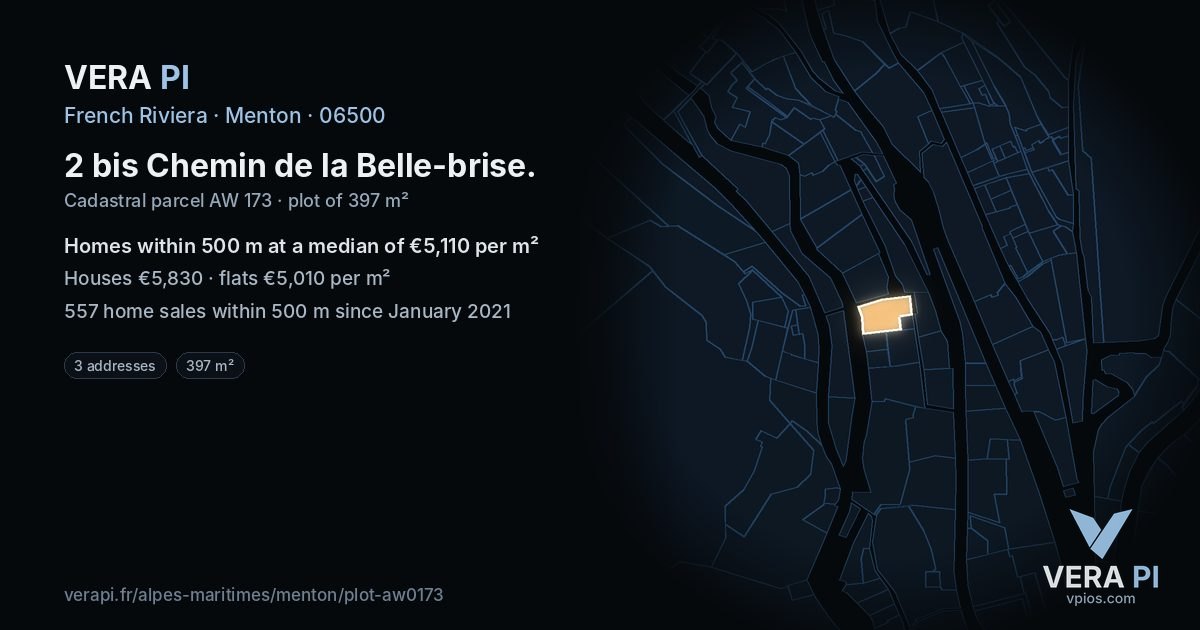 2 bis Chemin de la Belle-brise, Menton at night – the plot lit, the parcels around coloured by the prices near them