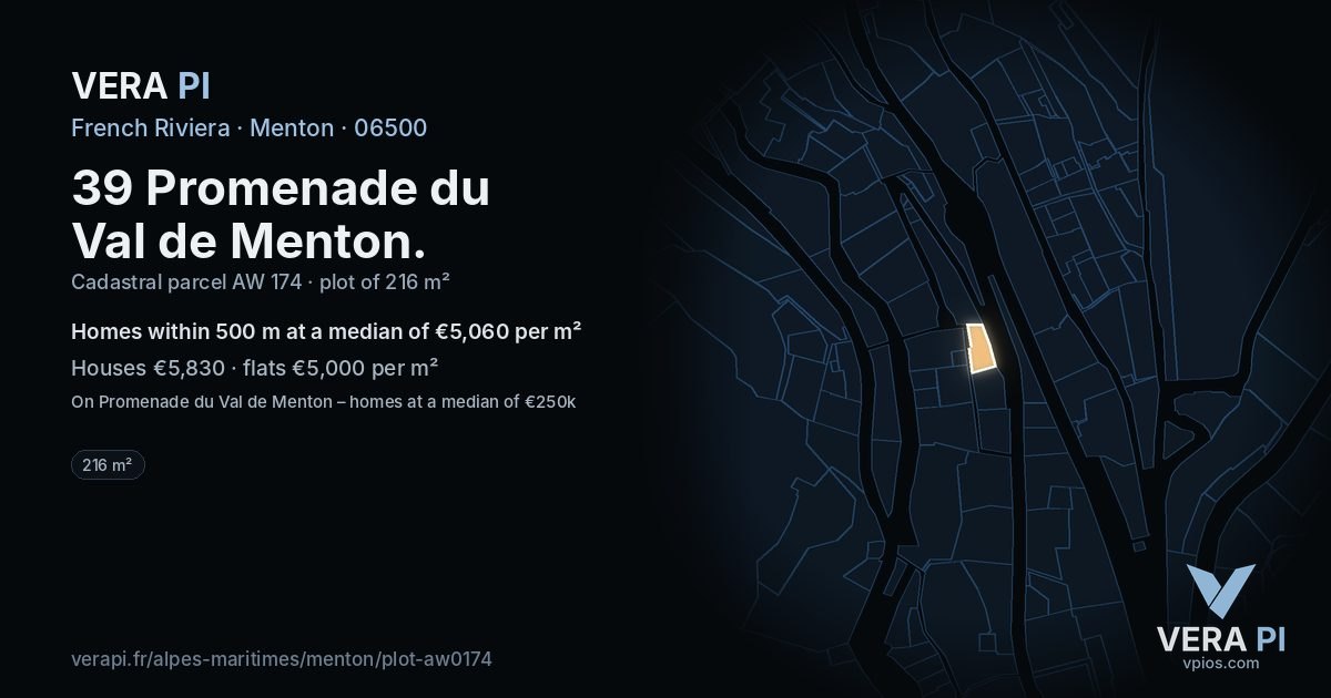 39 Promenade du Val de Menton, Menton at night – the plot lit, the parcels around coloured by the prices near them