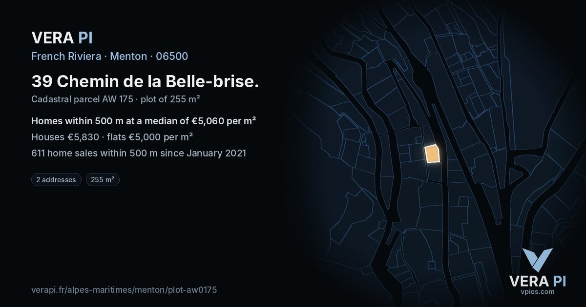 39 Chemin de la Belle-brise, Menton at night – the plot lit, the parcels around coloured by the prices near them