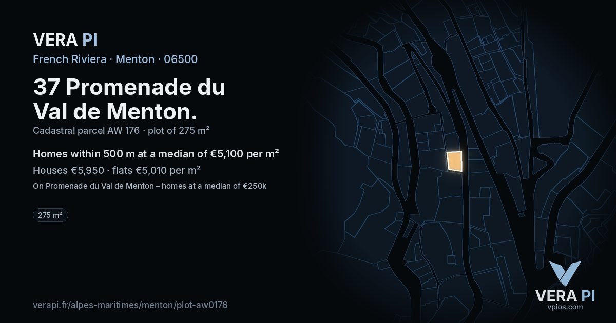 37 Promenade du Val de Menton, Menton at night – the plot lit, the parcels around coloured by the prices near them