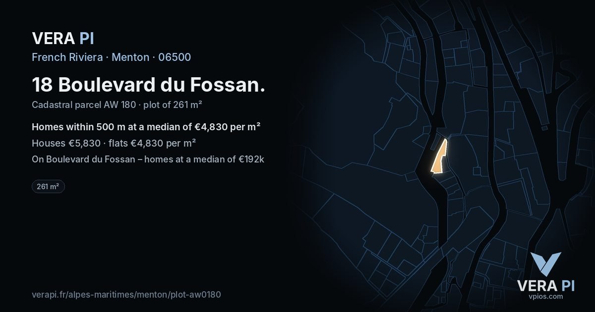 18 Boulevard du Fossan, Menton at night – the plot lit, the parcels around coloured by the prices near them
