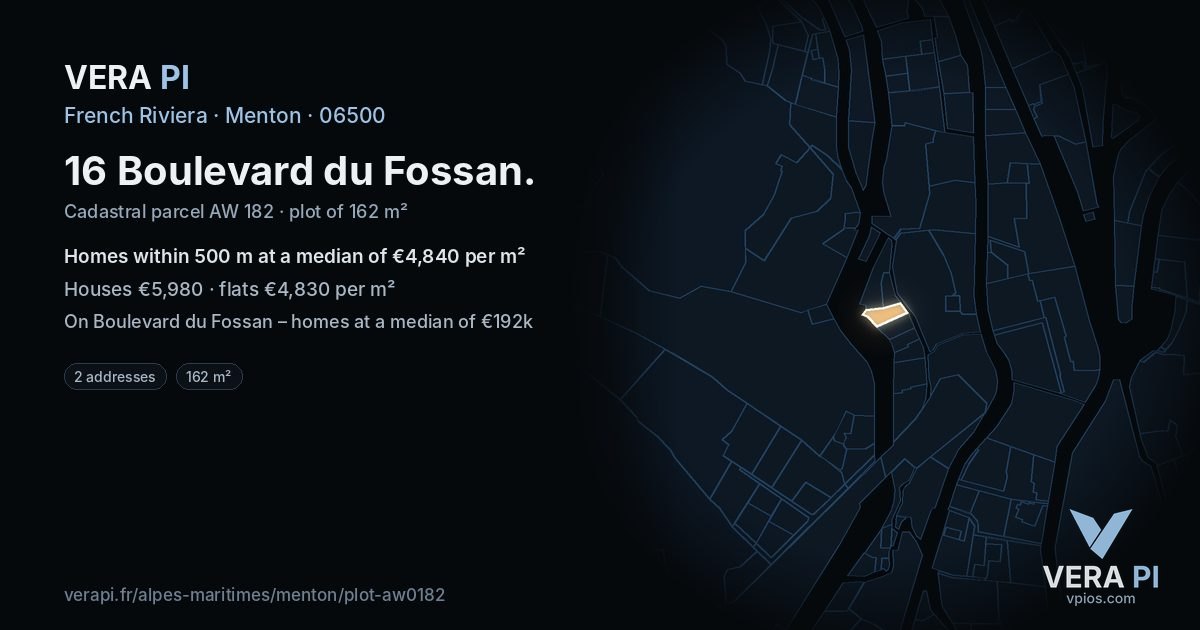 16 Boulevard du Fossan, Menton at night – the plot lit, the parcels around coloured by the prices near them